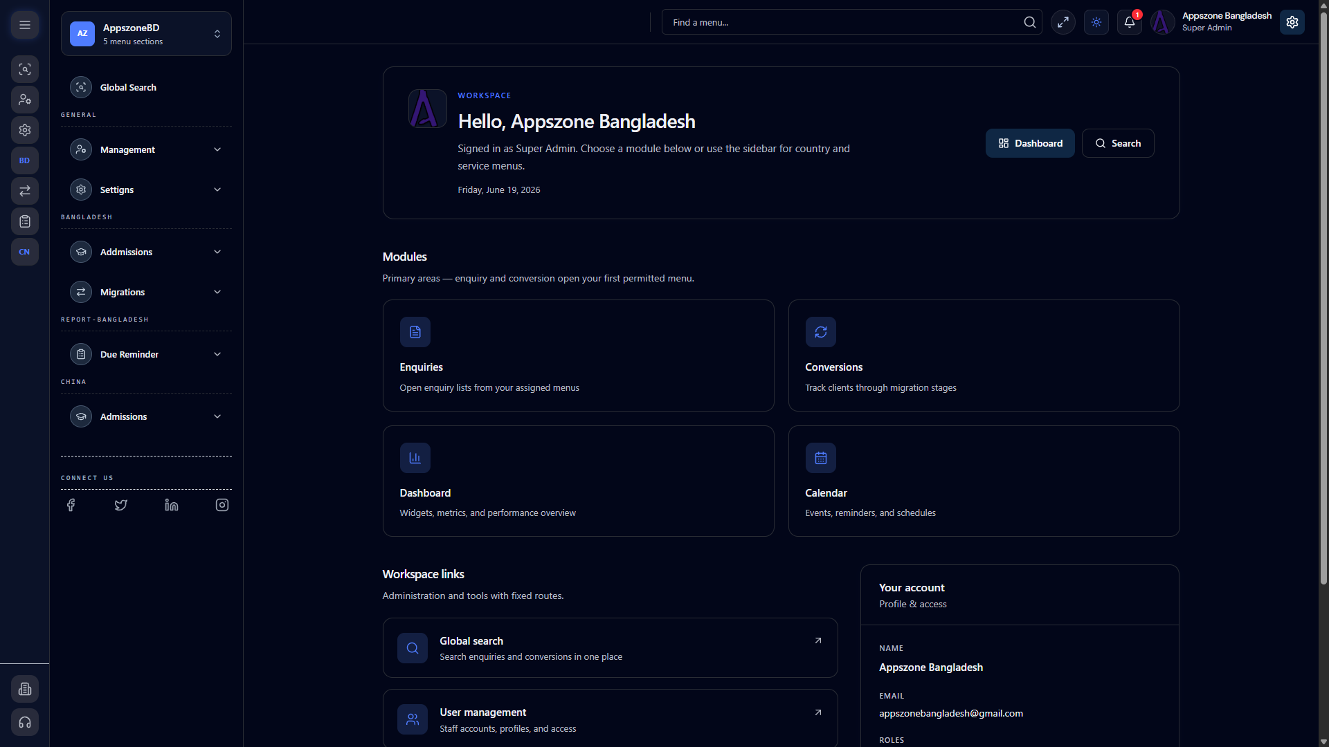 Admin workspace — modules, global search, user management