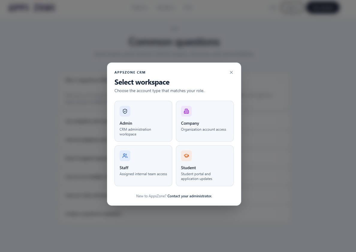 Workspace selector — Admin, Company, Staff, Client