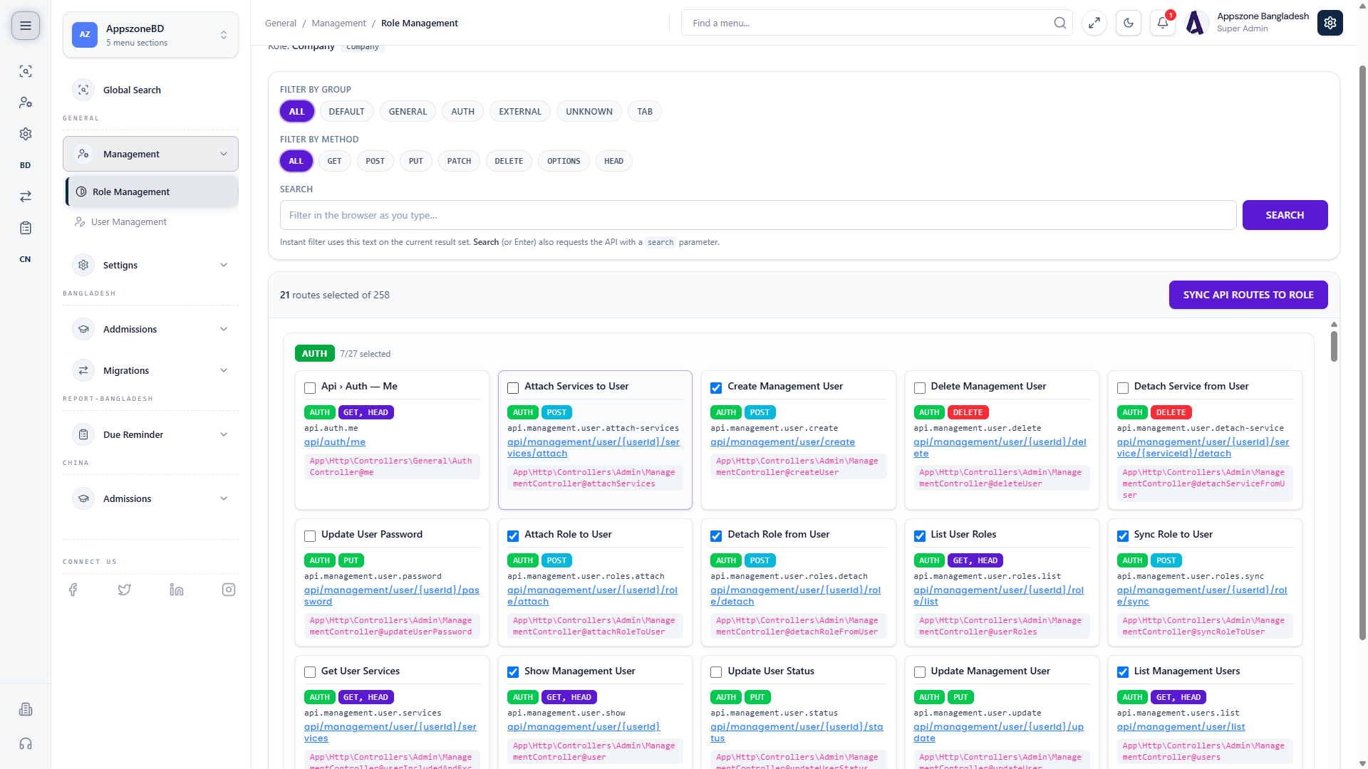 Role management — API route permissions synced to roles
